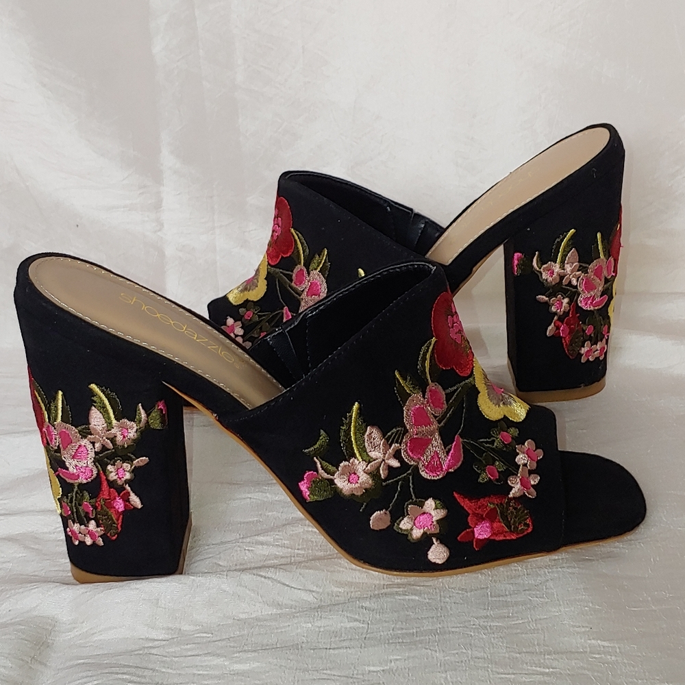 Floral Suede Slide on Heels